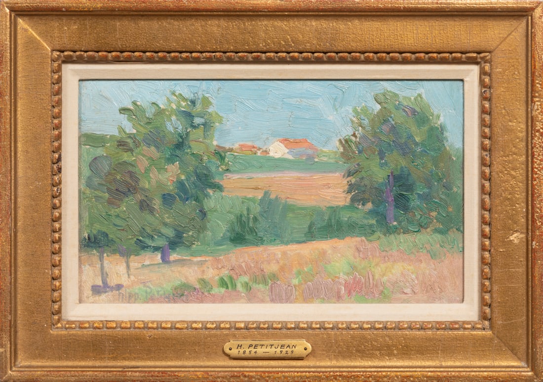 Hippolyte Petitjean, French 1854-1929, "Countryside", oil on board: Hippolyte PetitjeanFrench, 1854-1929"Countryside"oil on board1906, signed lower left, pencil-dated, partial stamps and faded "Centenaire Hipp. Petitjean, 1955" gallery label en verso, framed with arti