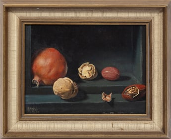 Dennis Ramsay, Scottish 1925-2009, "Still Life of Pomegranate and Nuts", oil on masonite