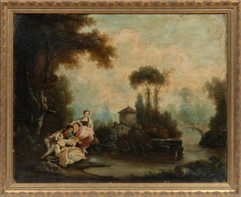 Continental School 19th c., ?Landscape with Three Figures Fishing?, oil on canvas