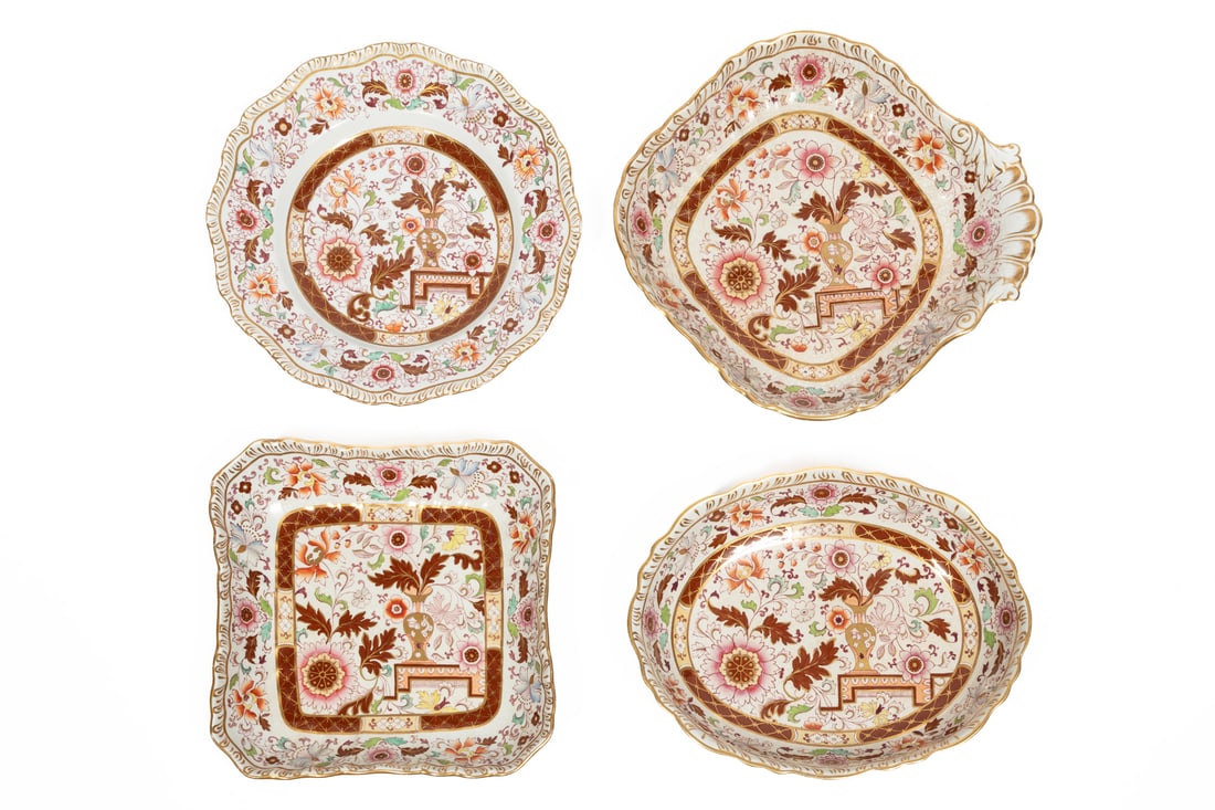 Antique Ashworth's Ironstone Dessert Service: Antique Ashworth's Ironstone Dessert Service,19th c., incl. 12 plates, 2 square cake dishes, 2 oval cake dishes and 2 shell-shaped cake dishes