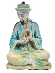 Large Glazed Pottery Figure of a Seated Chinese Gentleman