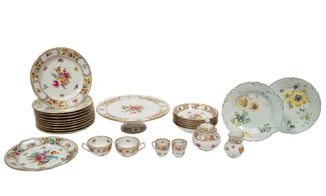 Empress Dresden Flowers Porcelain Dinner Service with Two Albert Louis-Dammouse Sevres Plates