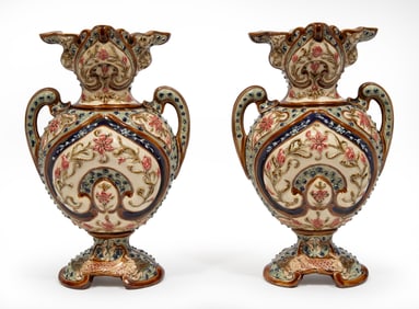 Pair of English Majolica Porcelain Urns