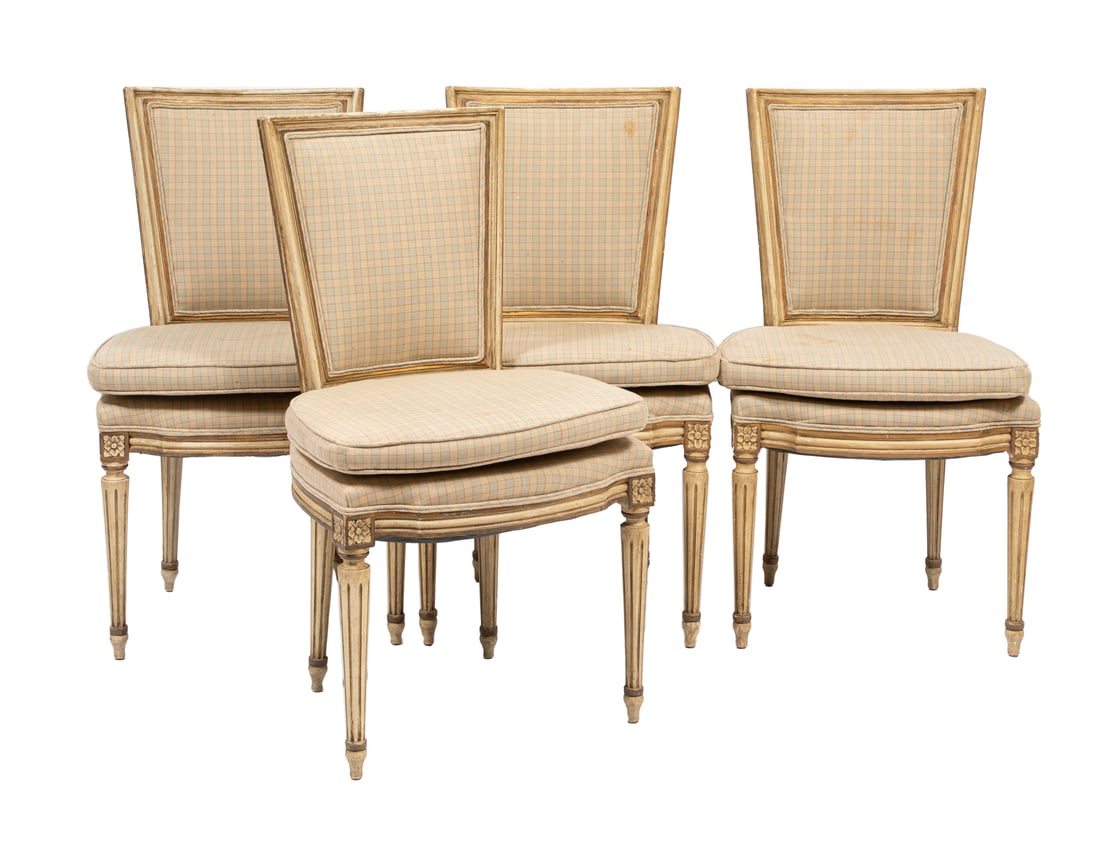 Set of Four Louis XVI-Style Parcel Gilt Creme Peinte Fauteuils: Set of Four Louis XVI-Style Parcel Gilt Creme Peinte Fauteuils 21st c., molded crest rail, fluted tapered legs 36 x 20 x 19 in. (91.4 x 50.8 x 48.3 cm.)