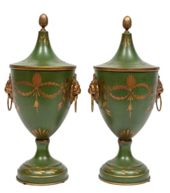 Pair of Tole Peinte Covered Urns