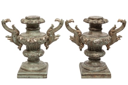 Pair of Continental Carved and Polychrome Urns