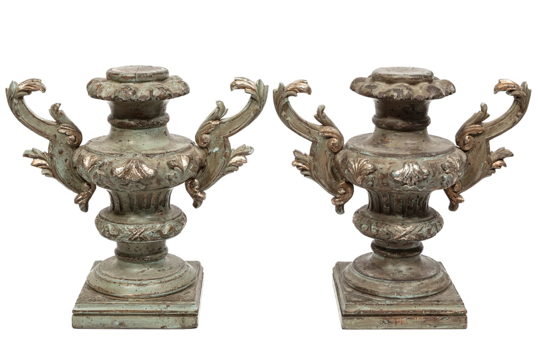 Pair of Continental Carved and Polychrome Urns: Pair of Continental Carved and Polychrome Urnsh. 17 in., w. 18 in., d. 10 in.