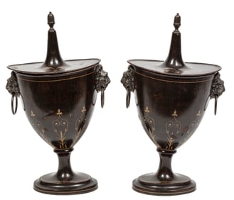 Pair of Regency Tole Peinte Chestnut Urns