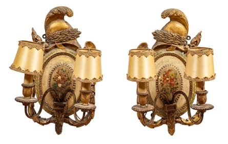 Pair of French Carved and Polychrome Two-Light Sconces