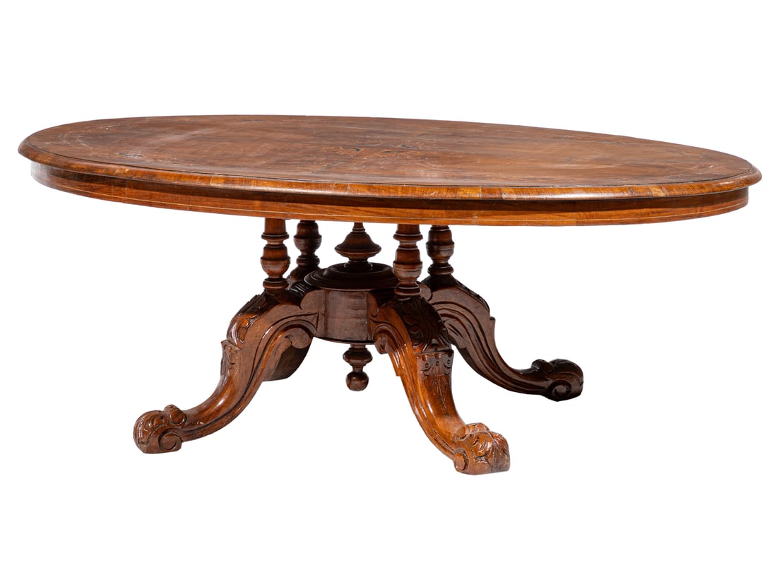 Victorian Marquetry and Burl Walnut Loo Table: Victorian Marquetry and Burl Walnut Loo Table19th c., oval tilt top, four turned baluster supports, center finial, scrolled out-swept legsProvenance: Ida Manheim Antiques, 409 Royal St., New Orleans.