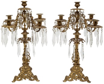 Pair of Antique French Brass Five-Light Candelabras