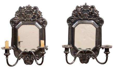 Pair of Continental Silverplate Two-Light Mirrored Sconces
