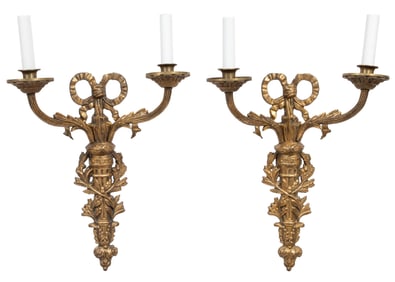 Pair of Louis XVI-Style Bronze Two-Light Sconces