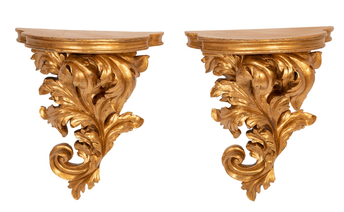 Pair of Continental Carved Giltwood Rococo Wall Brackets: Pair of Continental Carved Giltwood Rococo Wall Bracketsh. 19 3/4 in., w. 14 in., d. 7 1/2 in.