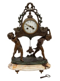 Antique French Patinated Metal and Marble Mantel Clock