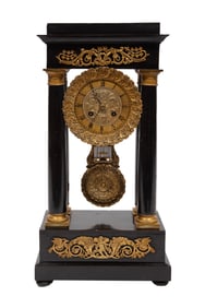 Antique French Bronze-Mounted Ebonized Wood Portico Clock