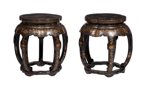 Pair of Chinese Gilt Decorated Black Lacquer Stools