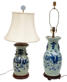 Two Chinese Blue and White Decorated Celadon Ground Porcelain Vases