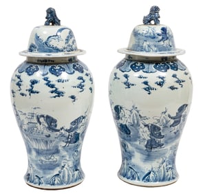 Very Large Pair of Chinese Blue and White Porcelain Covered Jars