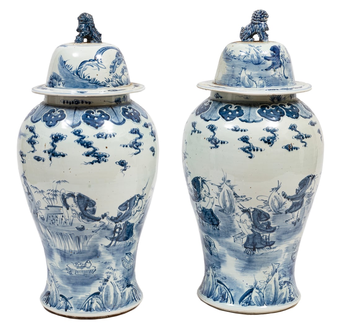 Very Large Pair of Chinese Blue and White Porcelain Covered Jars (1 of 3)