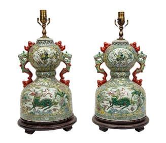 Pair of Chinese Famille Verte Porcelain Double Gourd Covered Vases