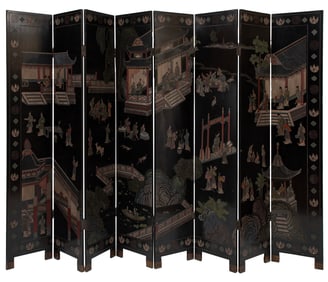 Chinese Carved and Painted Lacquer Eight Panel Screen