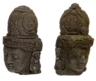Two Asian Stone Heads of Buddha