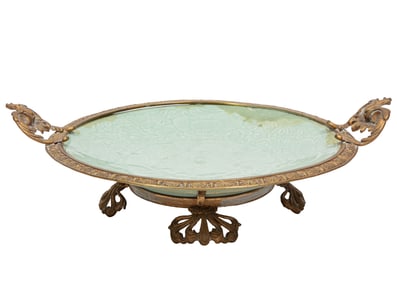Chinese Celadon Charger Mounted with Bronze Handles, Rim and Feet as a Tazza