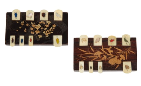 Two Japanese Shibayana Inlaid and Lacquered Wood Game Counters