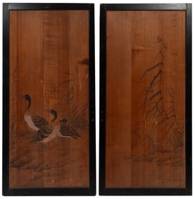 Pair of Japanese Painted Wood Fusuma Panels