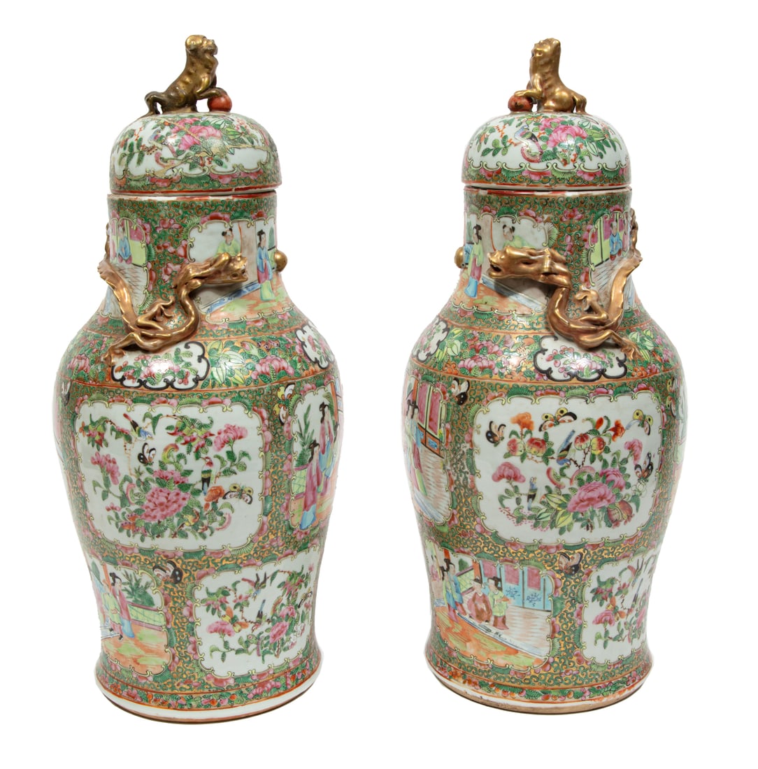 Pair of Chinese Famille Rose Porcelain Covered Vases (1 of 3)