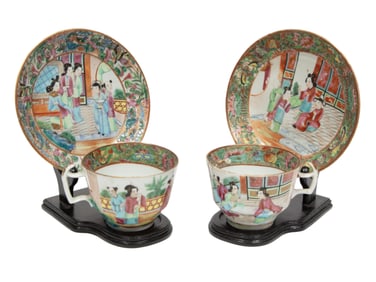 Two Chinese Export Famille Rose Porcelain Cups and Saucers