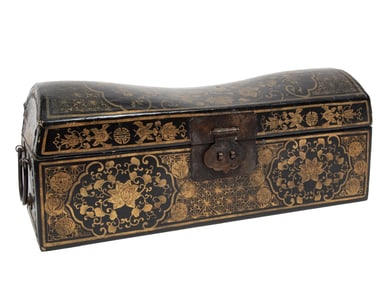 Chinese Gilt Decorated Black Lacquer Pillow-Form Box