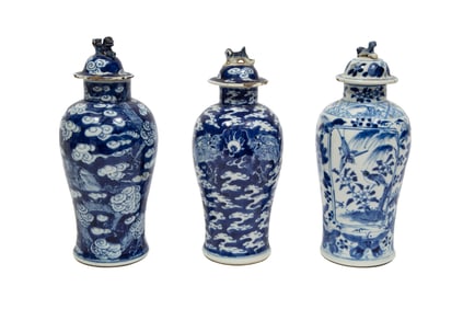 Three Chinese Blue and White Porcelain Covered Baluster Vases