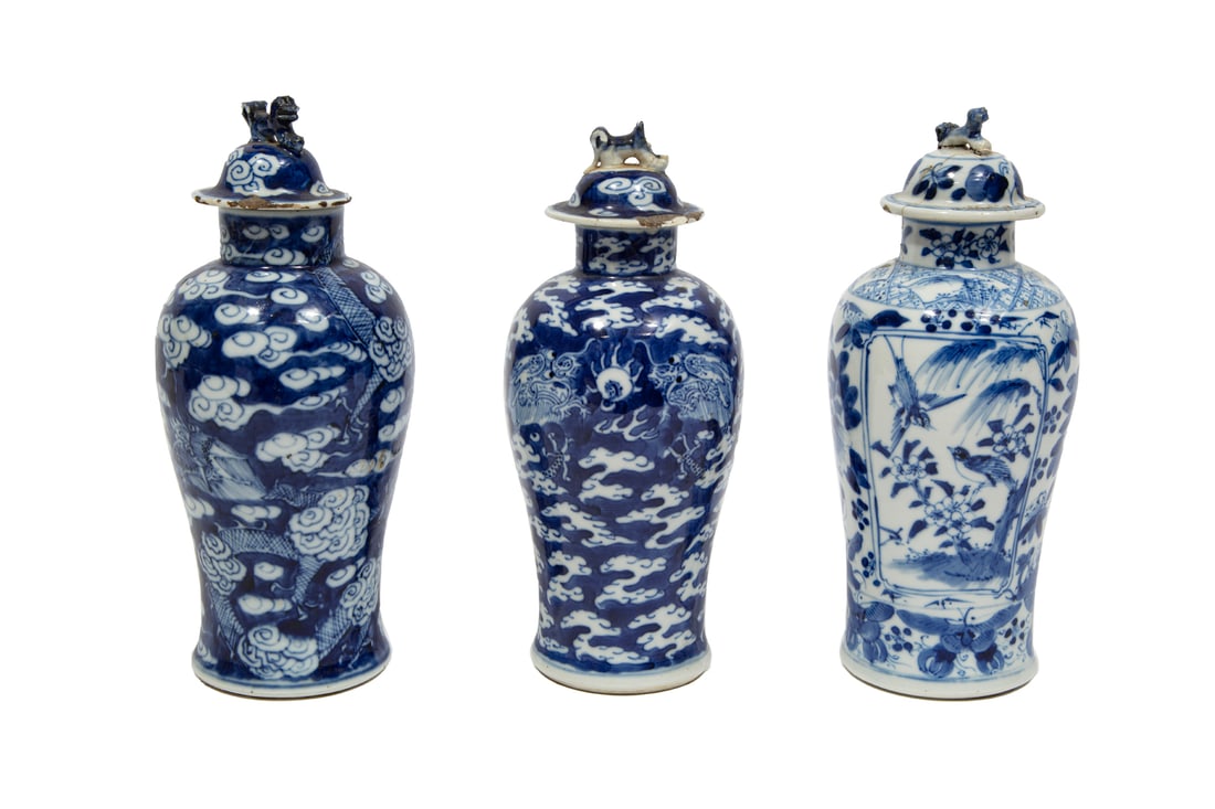 Three Chinese Blue and White Porcelain Covered Baluster Vases (1 of 2)