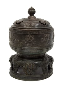 Chinese Bronze Covered Censer on Stand