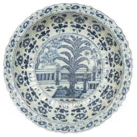 Large Chinese Ming-Style Blue and White Porcelain Shallow Bowl