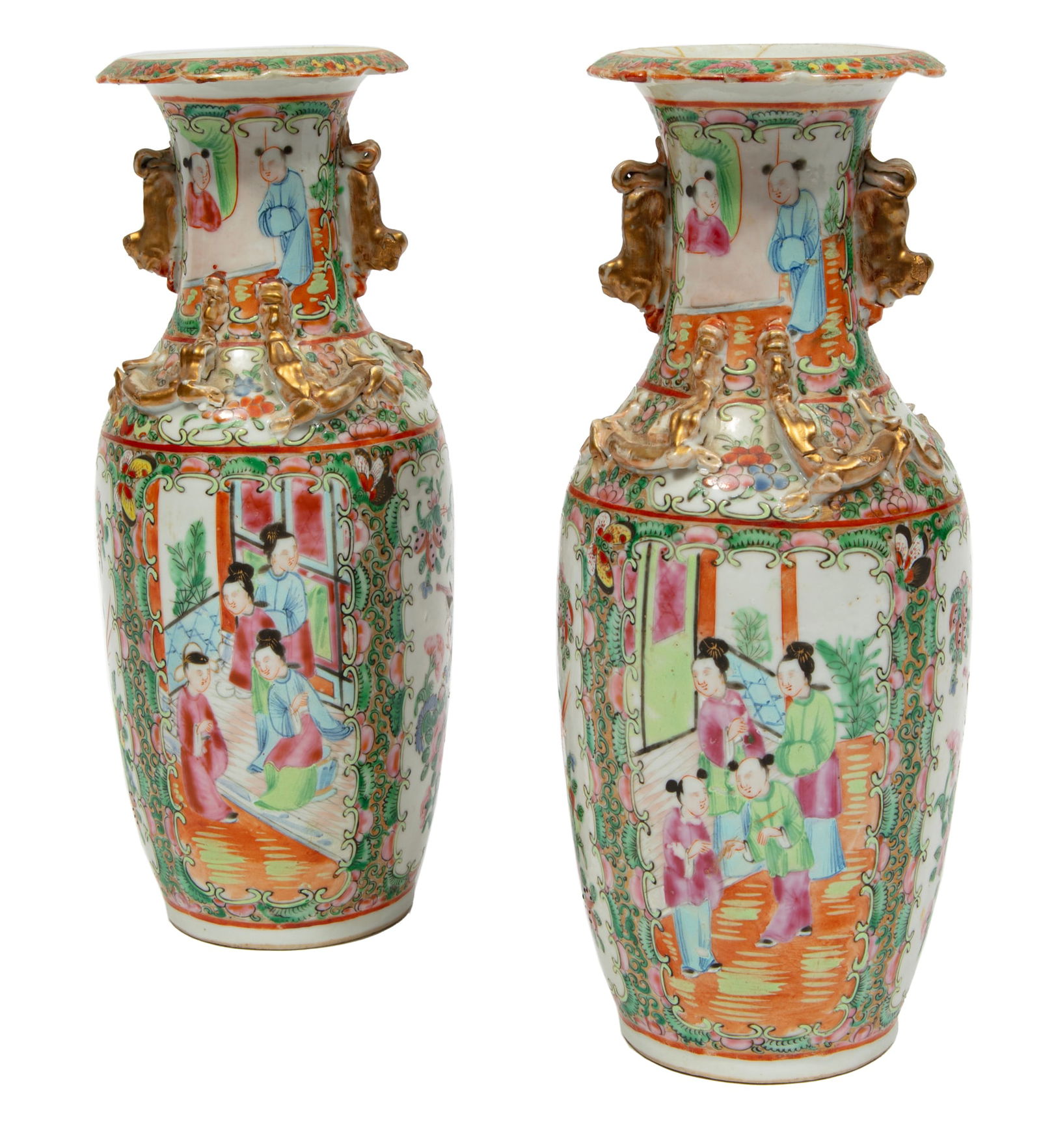 Pair of Chinese Export Famille Rose Porcelain Vases: Pair of Chinese Export Famille Rose Porcelain Vases, 19th c., everted scalloped rims, applied gilt Buddhist lion handles and qilong dragons, decorated with figural and bird-and-flower panels, h. 10 3/