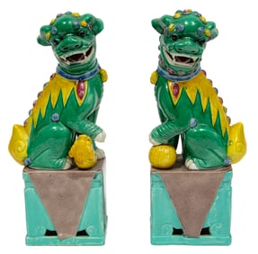 Pair of Chinese Famille Rose Porcelain Buddhist Lions