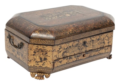 Chinese Export Red and Gilt Decorated Black Lacquer Sewing Box