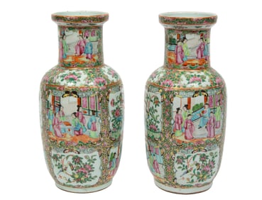 Pair of Chinese Export Famille Rose Porcelain Rouleau Vases