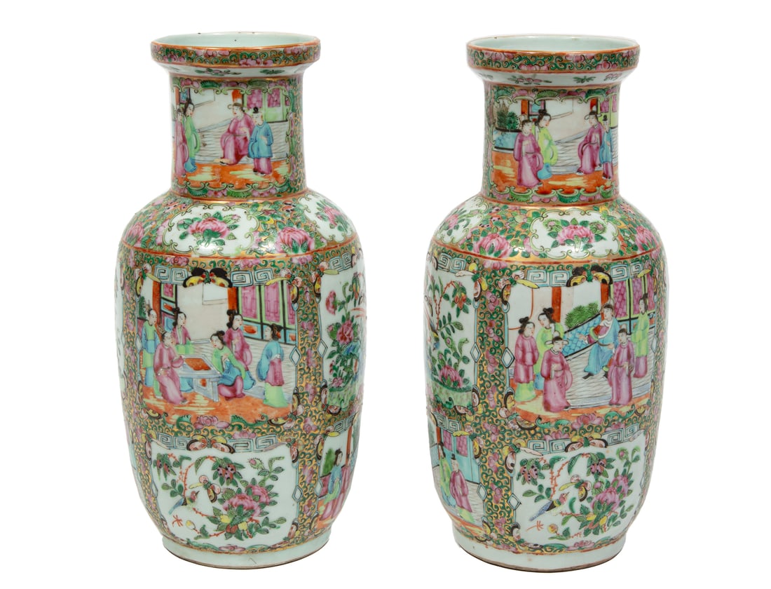 Pair of Chinese Export Famille Rose Porcelain Rouleau Vases: Pair of Chinese Export Famille Rose Porcelain Rouleau Vases, 19th c., decorated with figural and bird, butterfly and flower cartouches, h. 14 in.