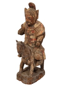 Antique Chinese Carved and Painted Wood Warrior Astride a Horse