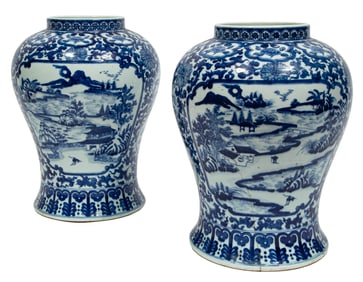 Large Pair of Chinese Blue and White Porcelain Vases or Jars