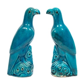 Pair Chinese Turquoise Glazed Porcelain Parrots