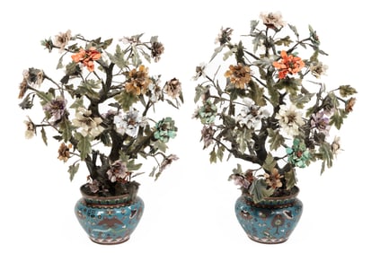 Pair of Chinese Hardstone Trees in Cloisonn? Enamel Pots