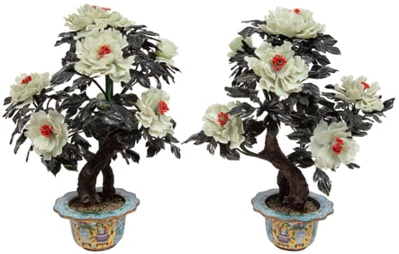 Pair of Chinese Hardstone Trees in Cloisonn? Enamel Pots