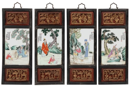 Four Chinese Famille Rose Porcelain Plaque and Carved and Painted Wood Panel Inset Wall Hangings
