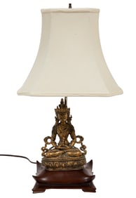 Chinese/Tibetan Gilt Bronze Figure of Avalokiteshvara Mounted as a Lamp