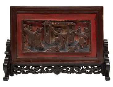 Chinese Framed Carved and Painted Wood Relief Plaque on Stand